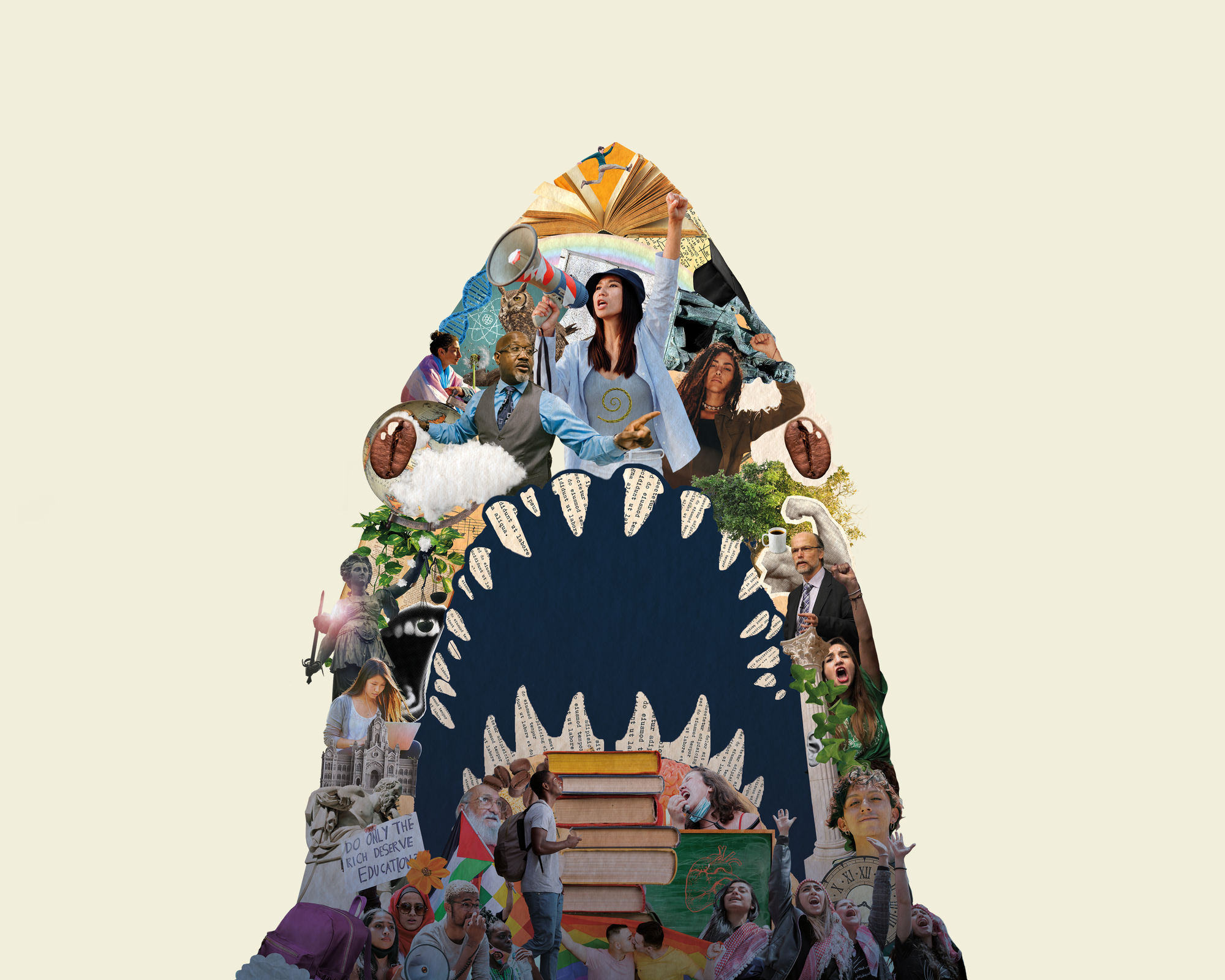 a collage of people in the shape of a shark 's mouth .
