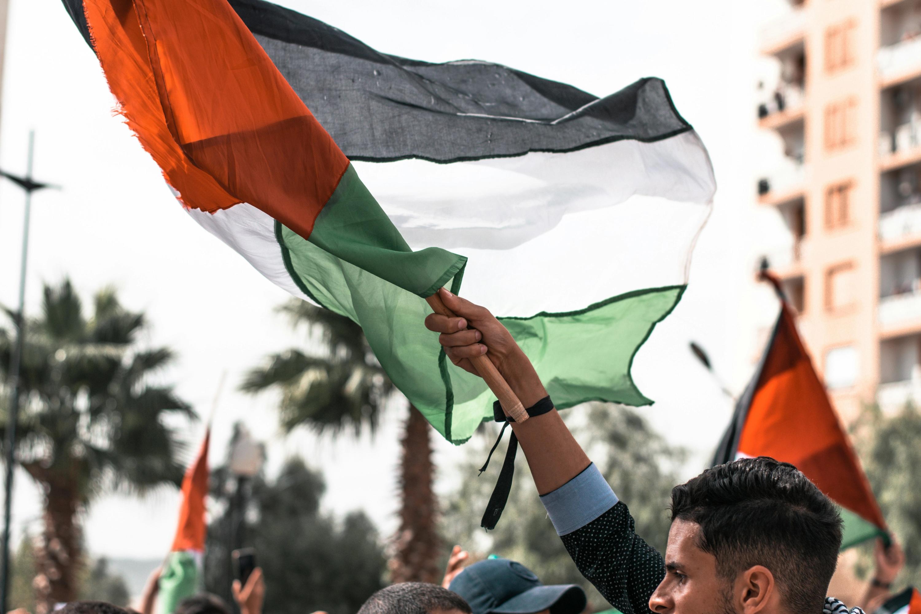 A person holds a Palestinian flag waving in the wind at an outdoor gathering.