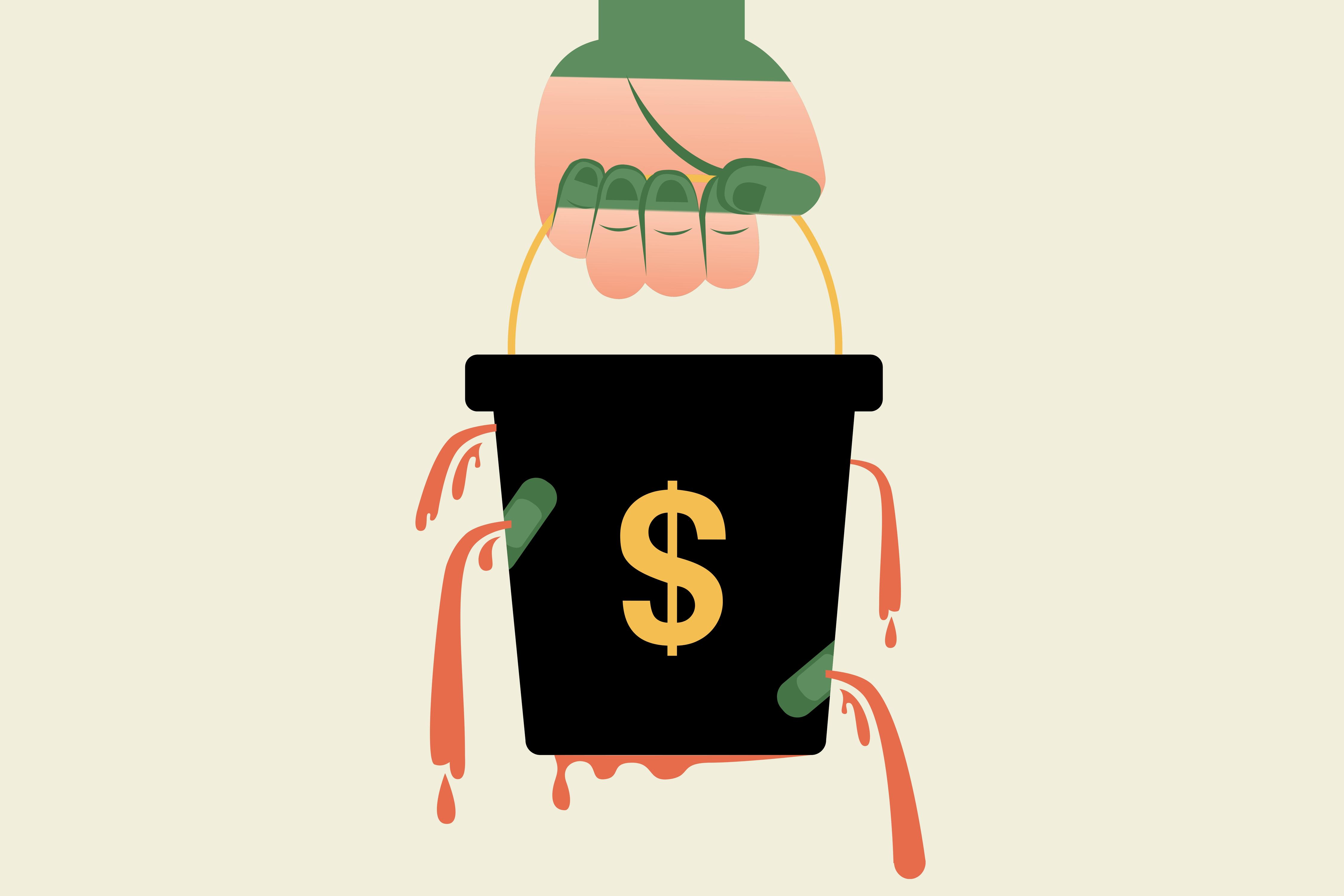 En hånd holder en lekkende bøtte med dollartegn på.