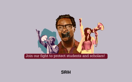 A poster that says " join our fight to protect students and scholars "