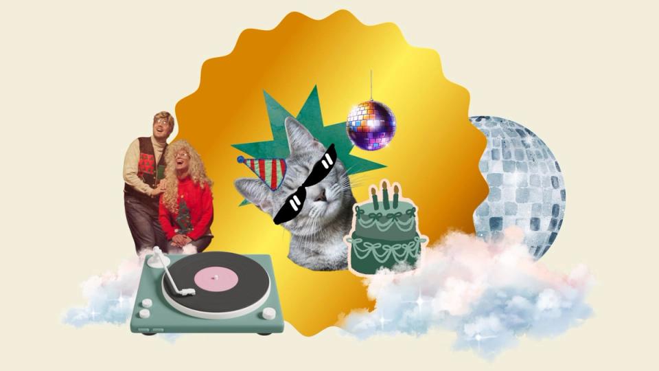 Collage of a man and woman, a cat in sunglasses and party hat, birthday cake, disco balls, and a record player on clouds.
