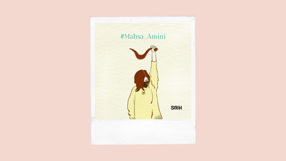 A drawing of a woman holding up her hair with the caption #mahsa amini