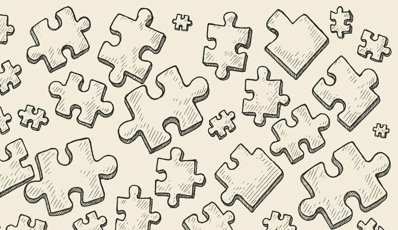 Hand-drawn sketch of many scattered jigsaw puzzle pieces.