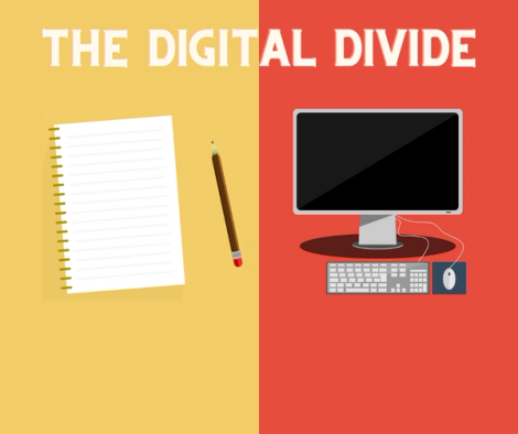 An illustration of a notebook and a computer with the words "the digital divide".