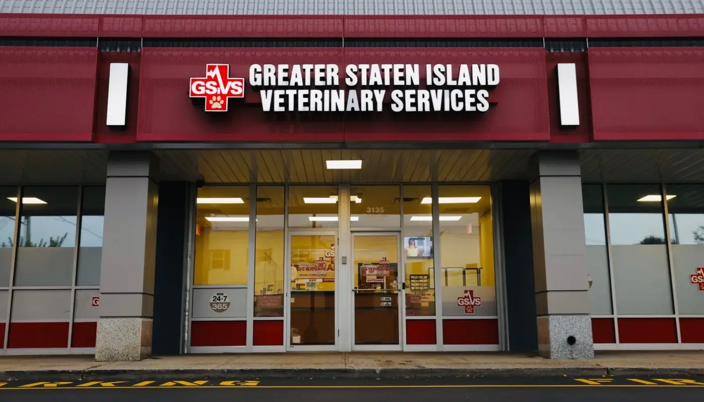 Front entrance of Greater Staten Island Veterinary Services with the GSVS logo above the door.