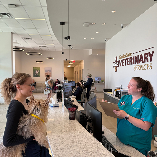 Woman holding a fluffy terrier talks with a receptionist in blue scrubs holding a clipboard at a veterinary clinic.