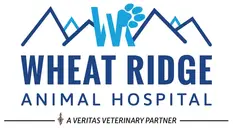 Logo of Wheat Ridge Animal Hospital with mountain peaks and a paw print design.