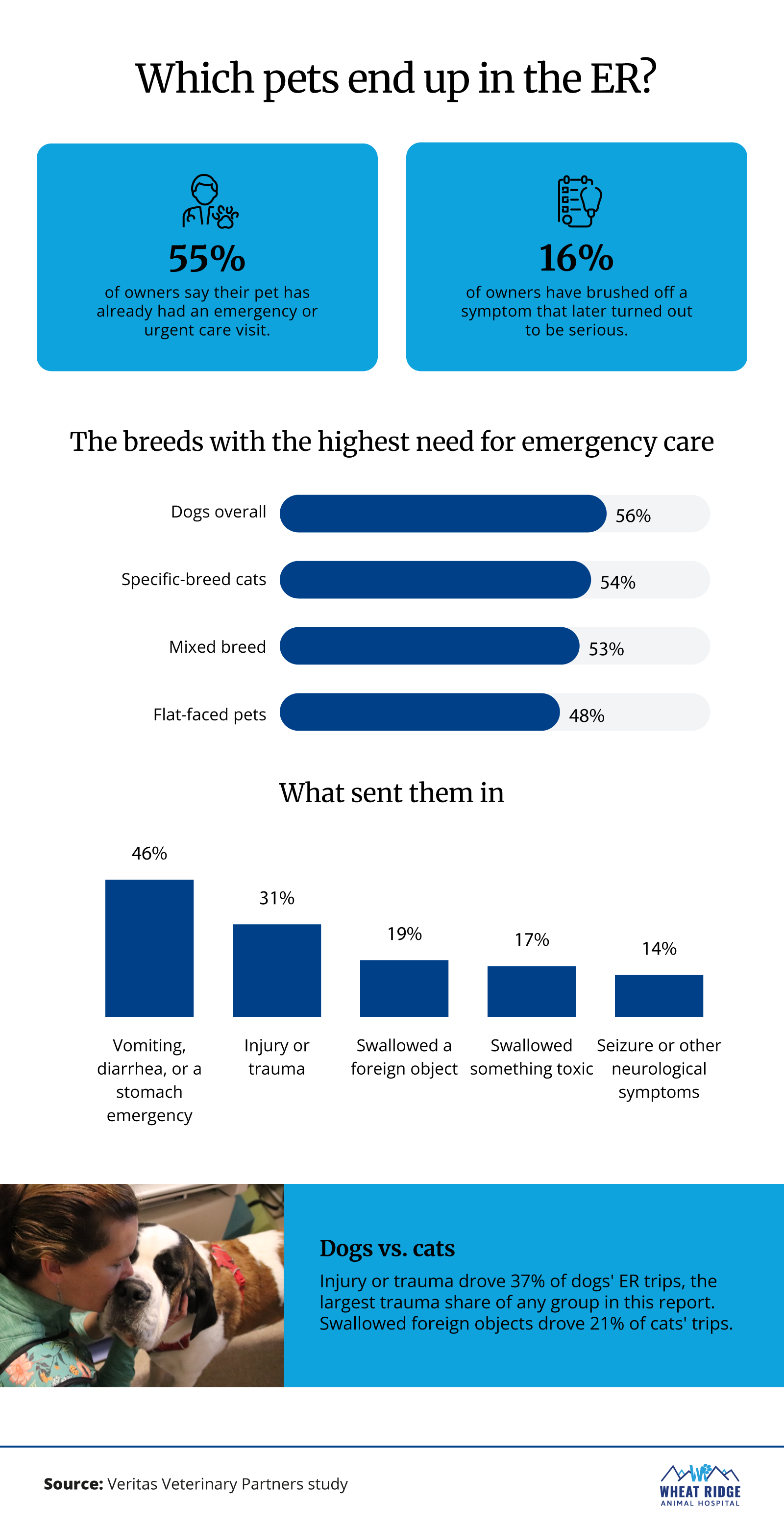 Infographic ranking the Colorado pets with the highest need for emergency care and the most common causes of local pet ER visits.