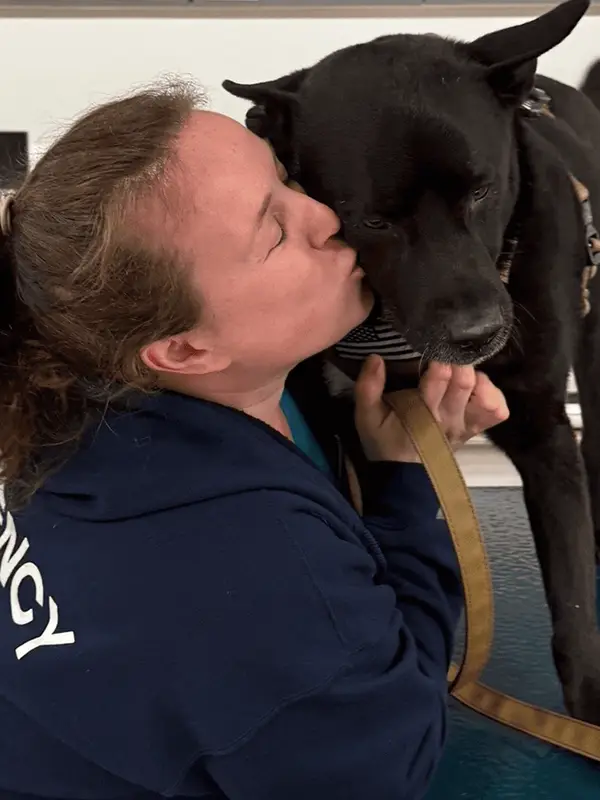 A vet with a blue jacket reading "Emergency" across the back kisses a large black dog in a clinical setting.