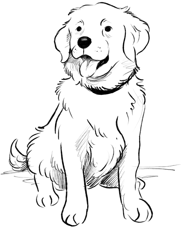 Black and white sketch illustration of a happy dog with a collar sitting and wagging its tail.