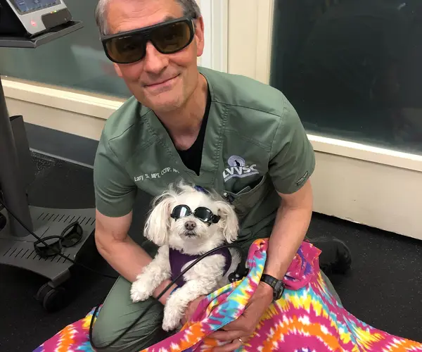 A veterinary professional wearing sunglasses holds a small white dog wearing sunglasses wrapped in a tie dye blanket.