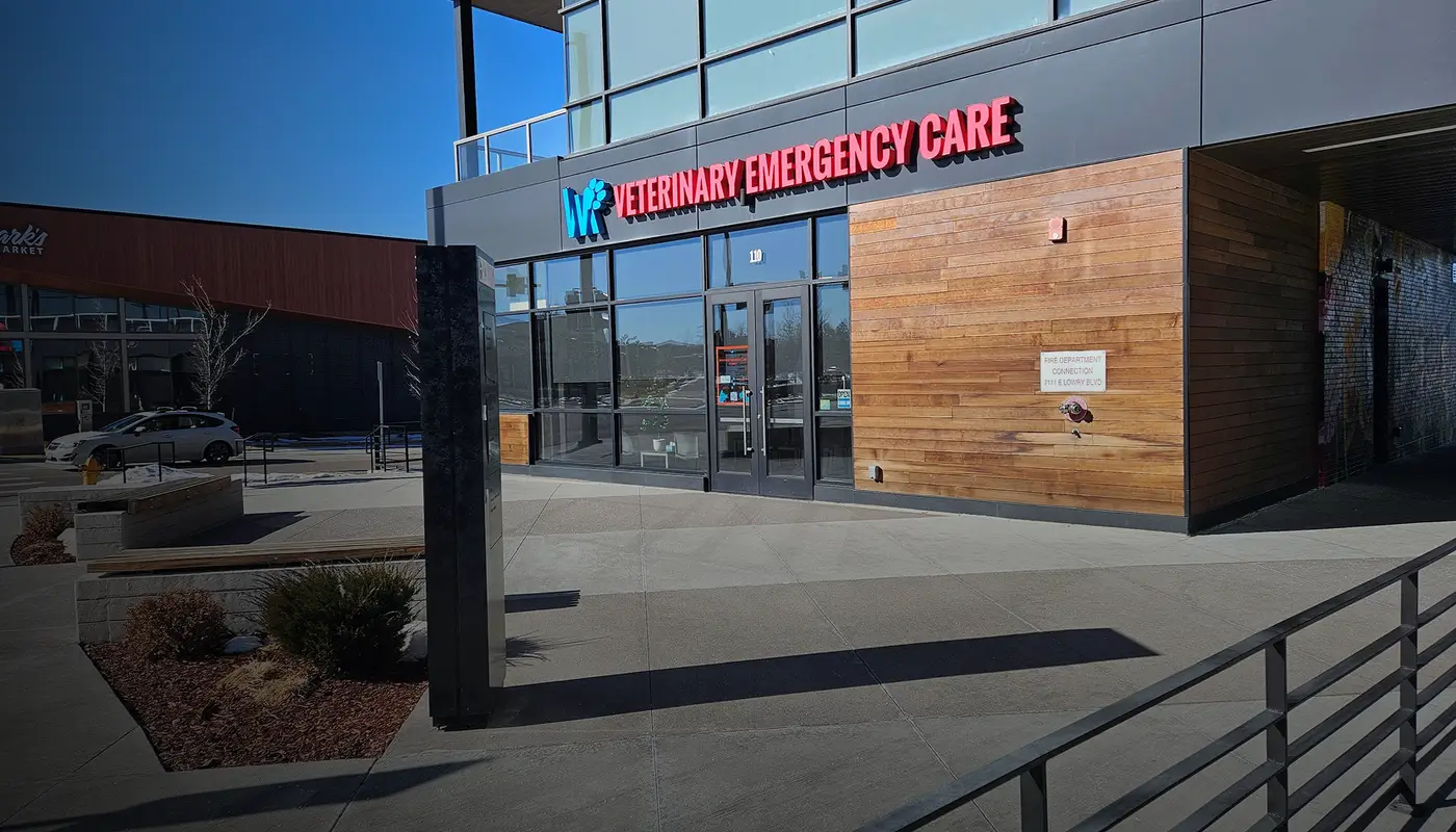 Entrance of a veterinary emergency care facility with glass doors and red signage.