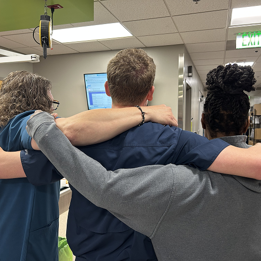 Three people in scrubs with arms around each other in a veterinary office, viewed from behind.