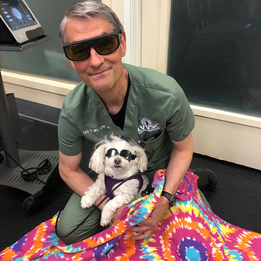 A veterinary professional wearing sunglasses holds a small white dog wearing sunglasses wrapped in a tie dye blanket.