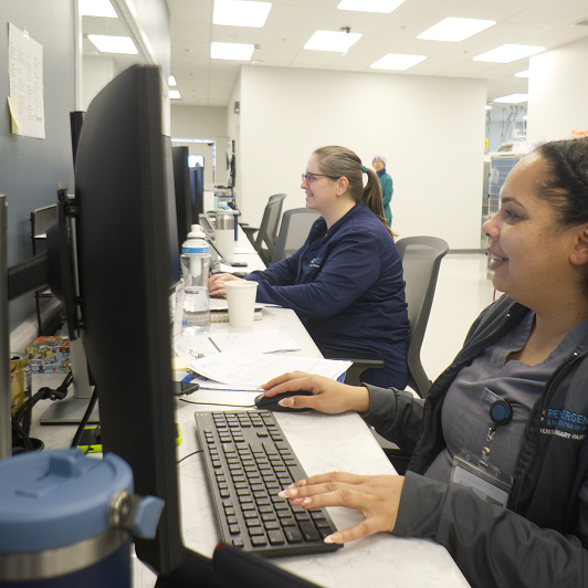 Two professionals in blue scrubs work on computer monitors.
