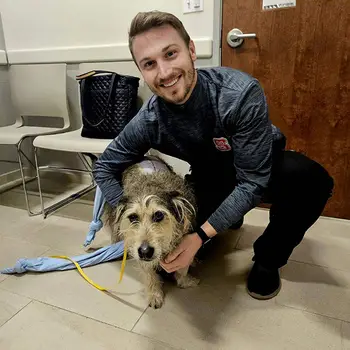 A smiling man crouching beside a shaggy dog with stitches in its back in a waiting area, with a chair and a bag in the background.