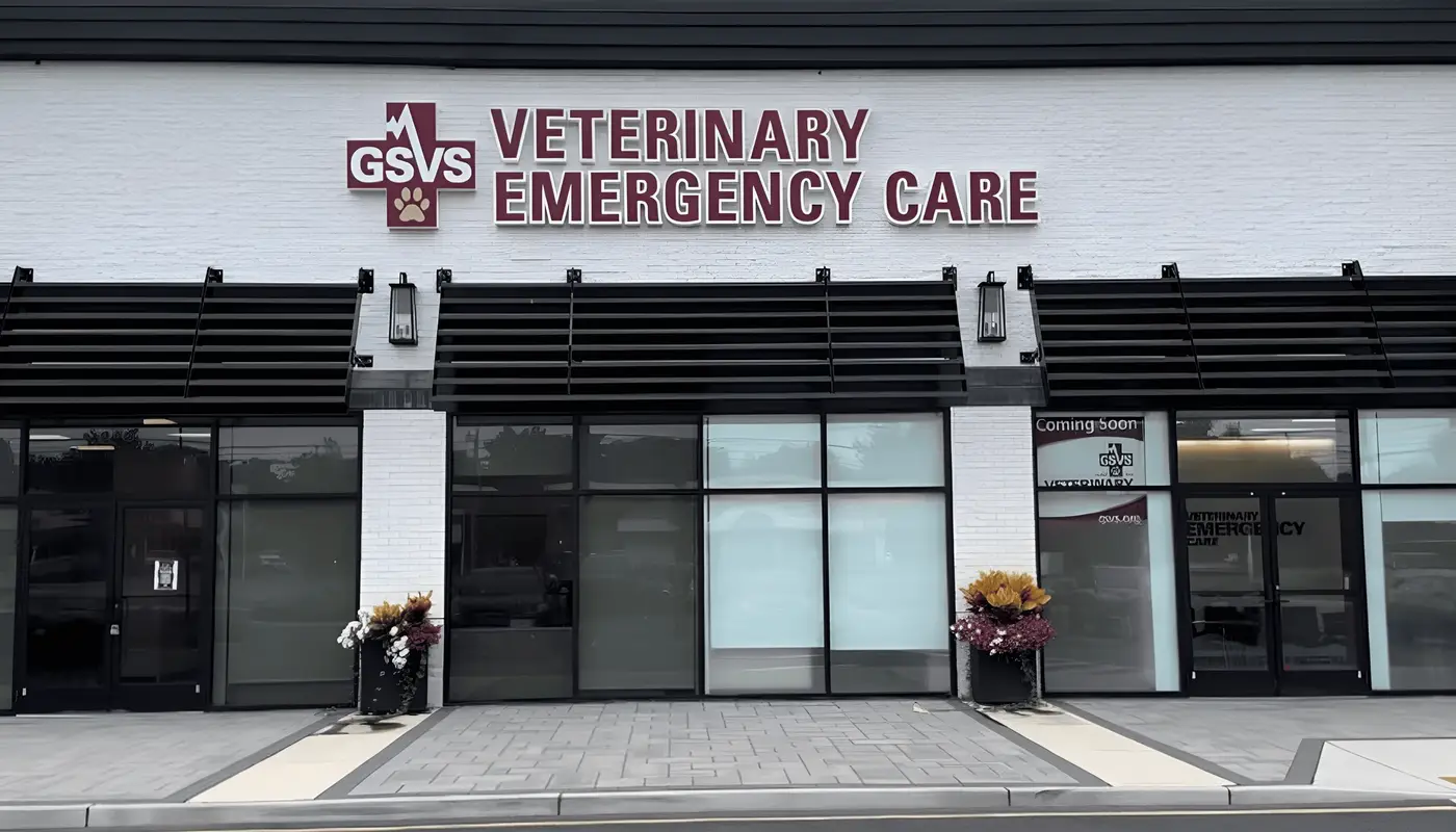 Exterior of a veterinary emergency care building with signage and planters.