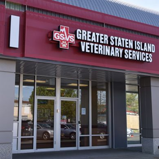 Front entrance of Greater Staten Island Veterinary Services with the GSVS logo above the door.