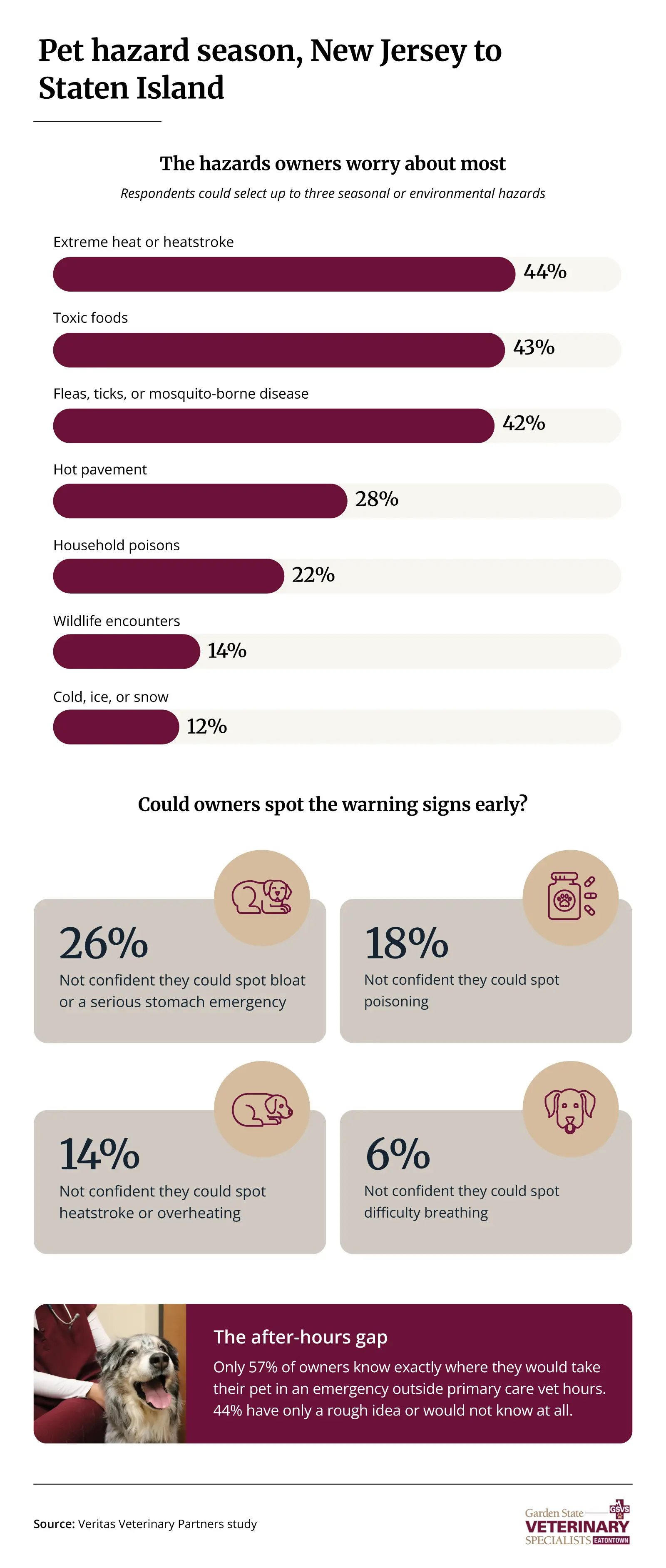 Infographic showing the seasonal hazards New Jersey and Staten Island pet owners worry about most and the emergencies they feel least prepared to recognize.