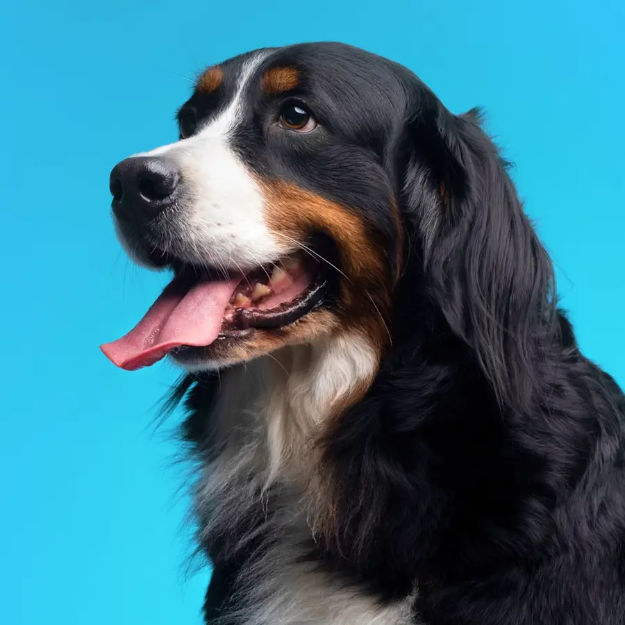 Close up of a fluffy black dog with its tongue out on a cyan background.