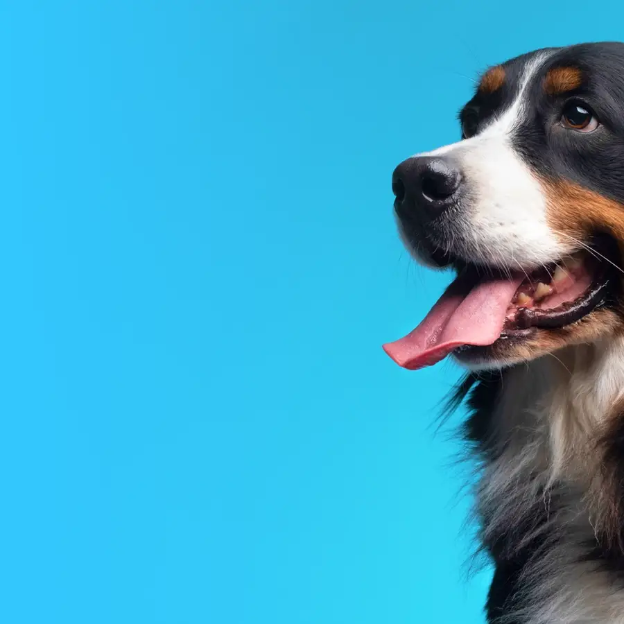 Close up of a fluffy black dog with its tongue out on a cyan background.
