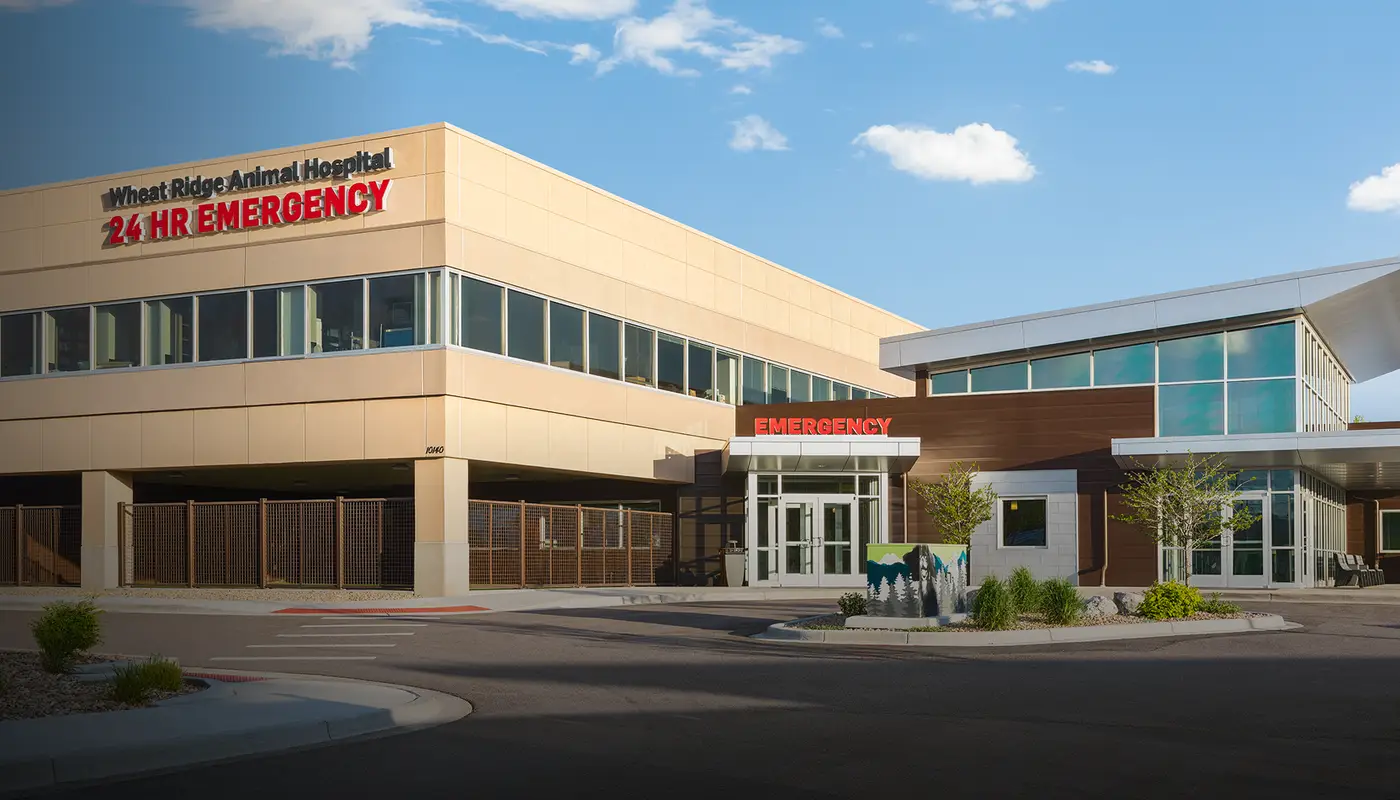 Exterior of Wheat Ridge Animal Hospital with emergency entrance and signage.