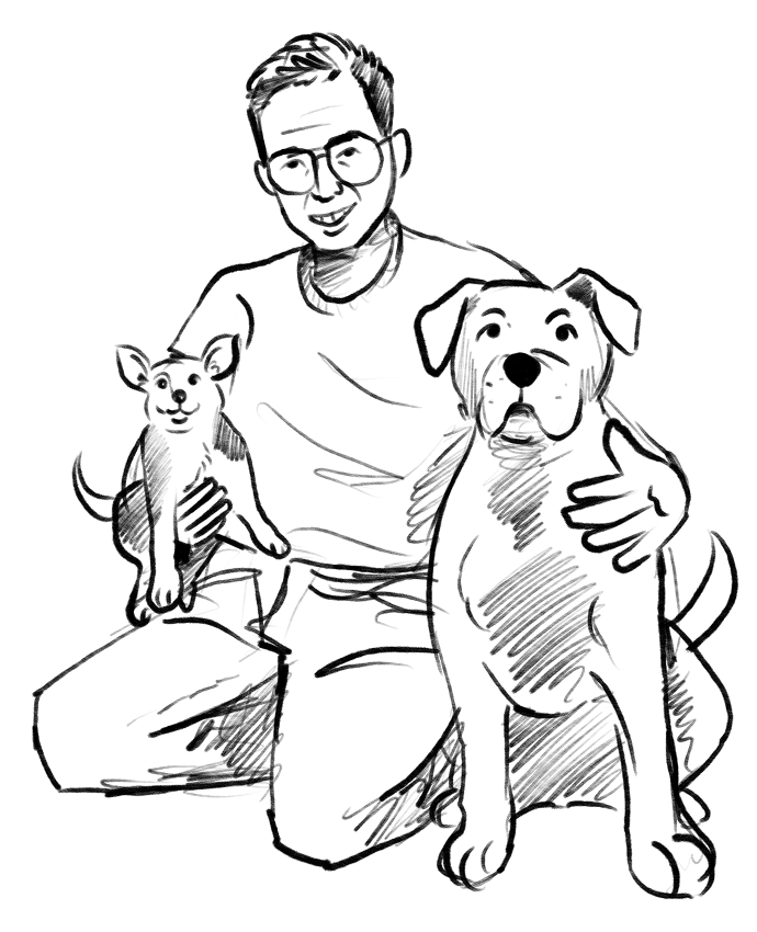 Illustration of a man wearing glasses kneeling with his arms around two dogs.
