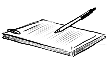 A sketched image of an open notebook with a pen resting on top.