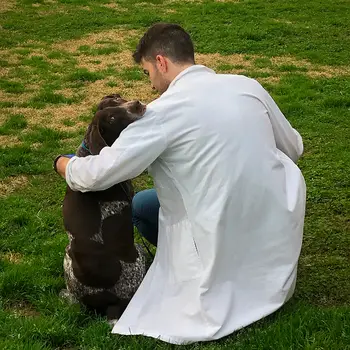 A man in a white lab coat kneels with his arm around a brown dog looking back, as seen from behind.