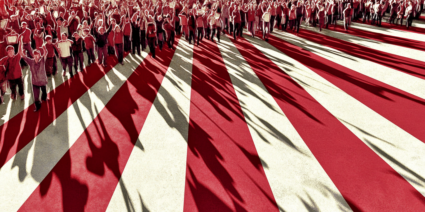 a large crowd of people standing on a red and white striped floor