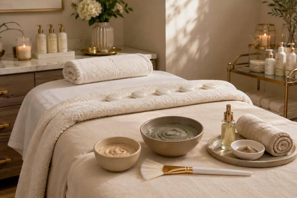 Back facial treatment setup with cleansing masks and warm towels in a Lithia esthetics room