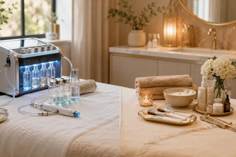 Hydro facial and European deluxe facial treatment setups in Lithia FL