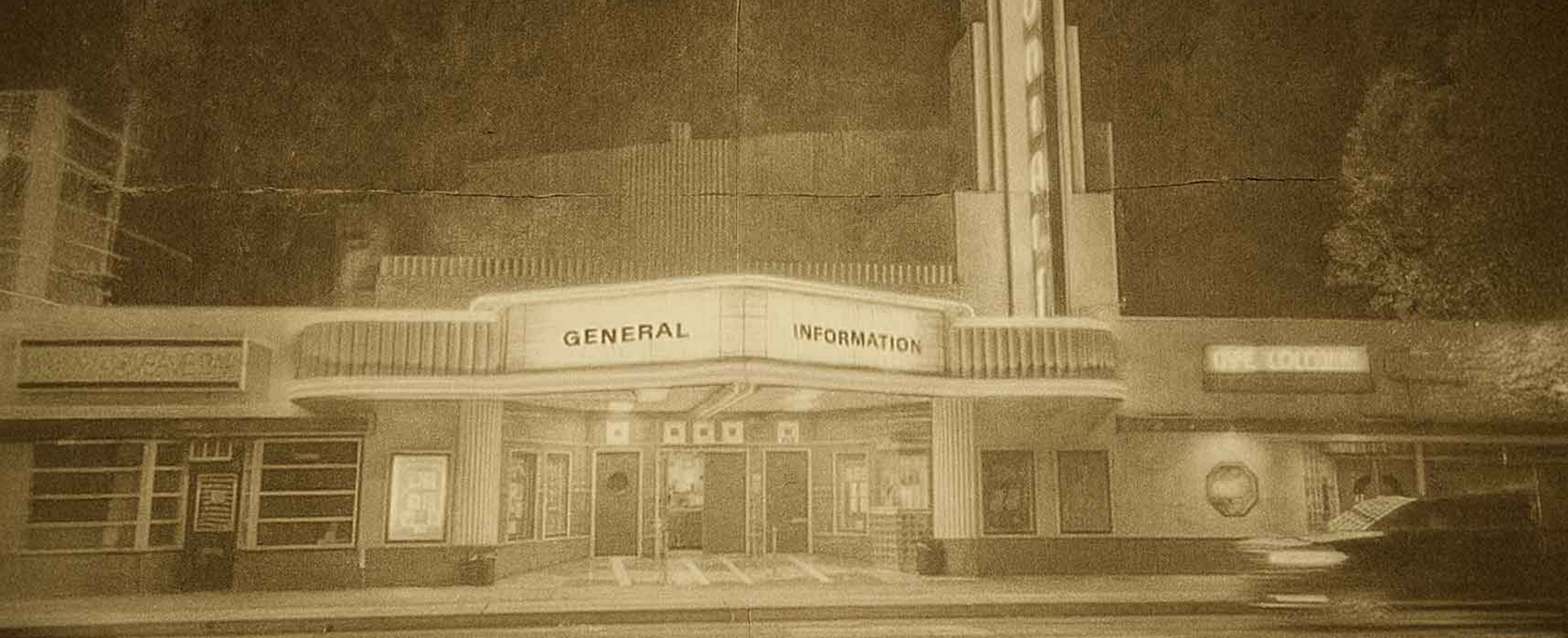 An artistically rendered photo, reminiscent of 1950's archival film, of the front of the Colonial Theater