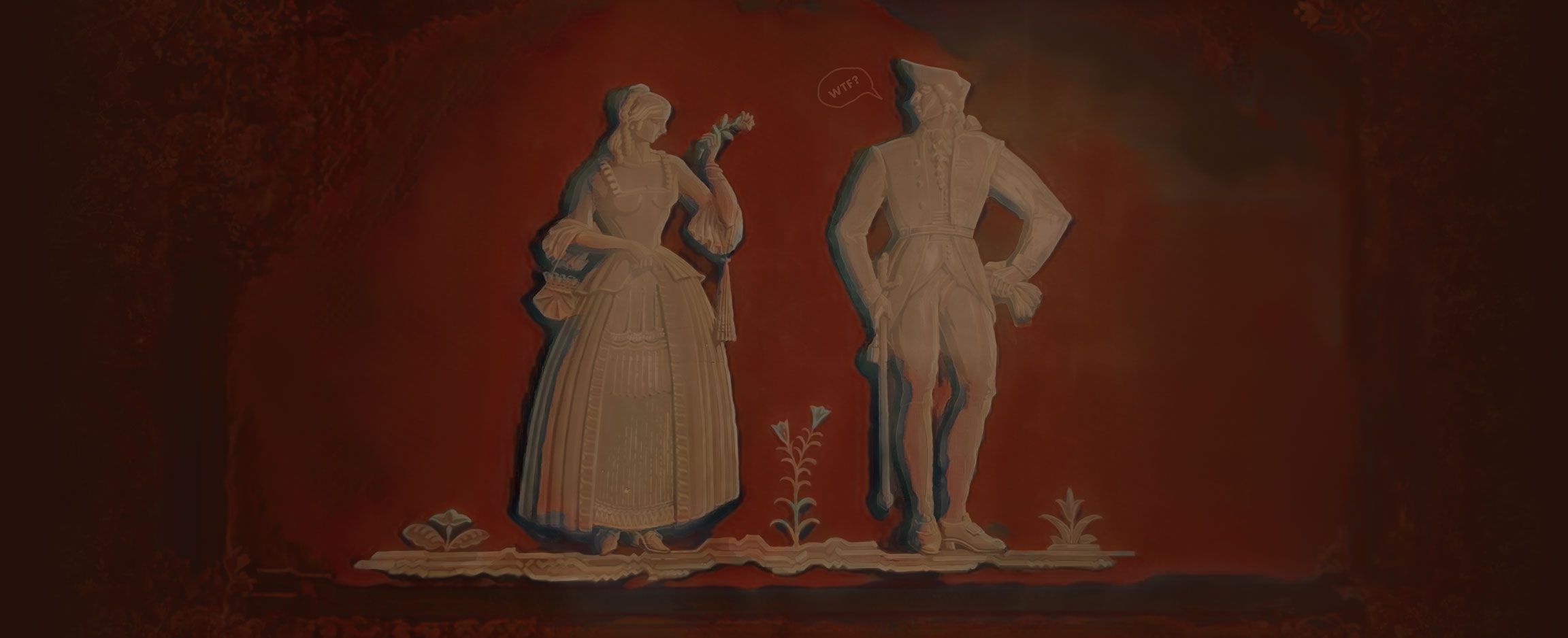 photograph of a painting on the wall in an old theater showing two people in conversation