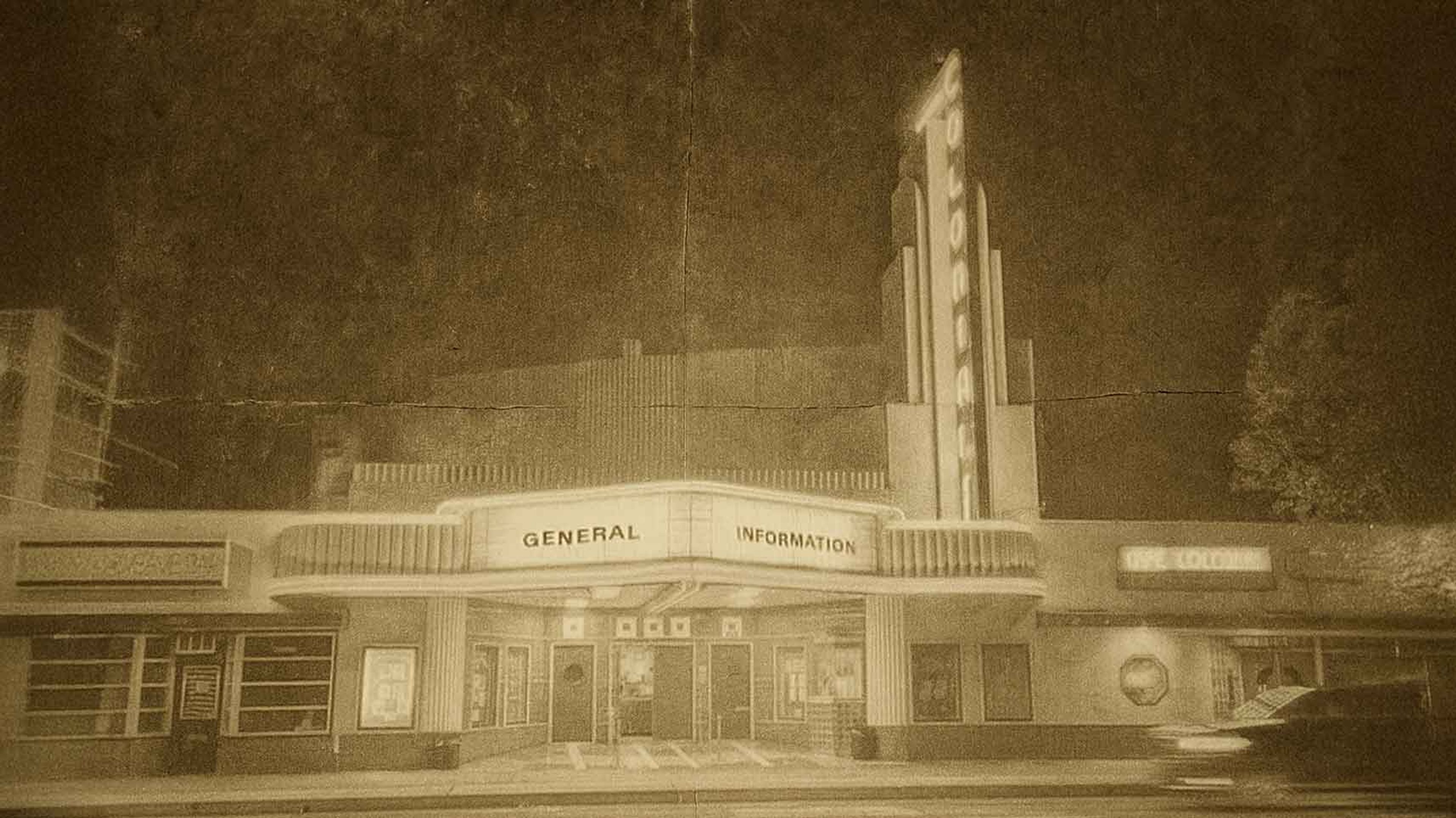 An artistically rendered photo, reminiscent of 1950's archival film, of the front of the Colonial Theater