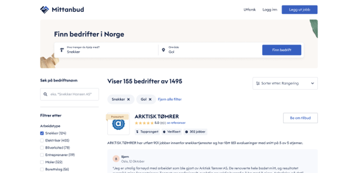 Skjermdump av bedriftssøk på Mittanbud.