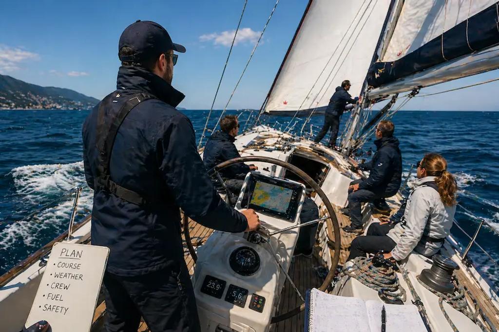 Skipper steering a yacht in open water with crew on deck showing teamwork and decision making in sailing