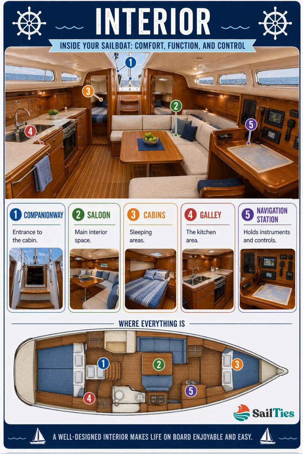 sailboat interior layout diagram saloon cabins galley navigation station explained