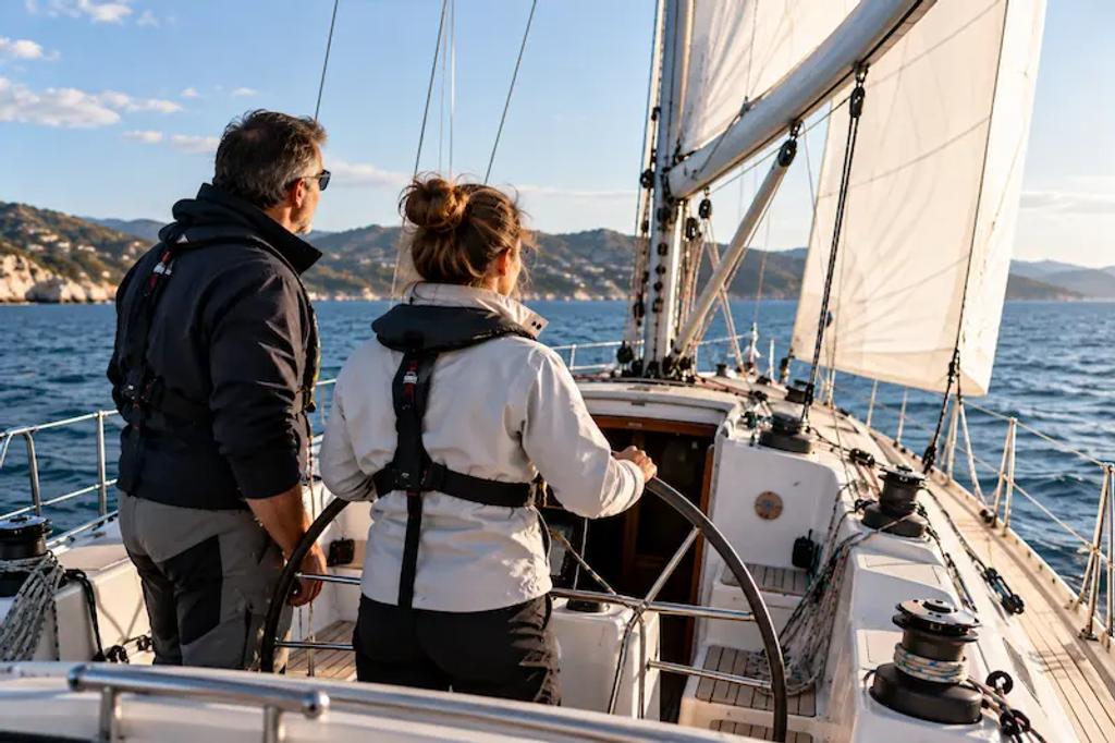 First-time crew member steering a sailboat with the skipper nearby
