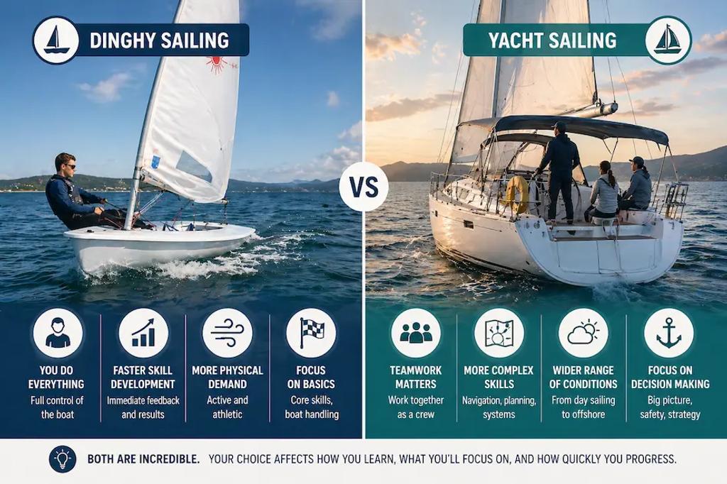 Visual comparison of dinghy sailing vs yacht sailing showing differences in learning style, skills and experience