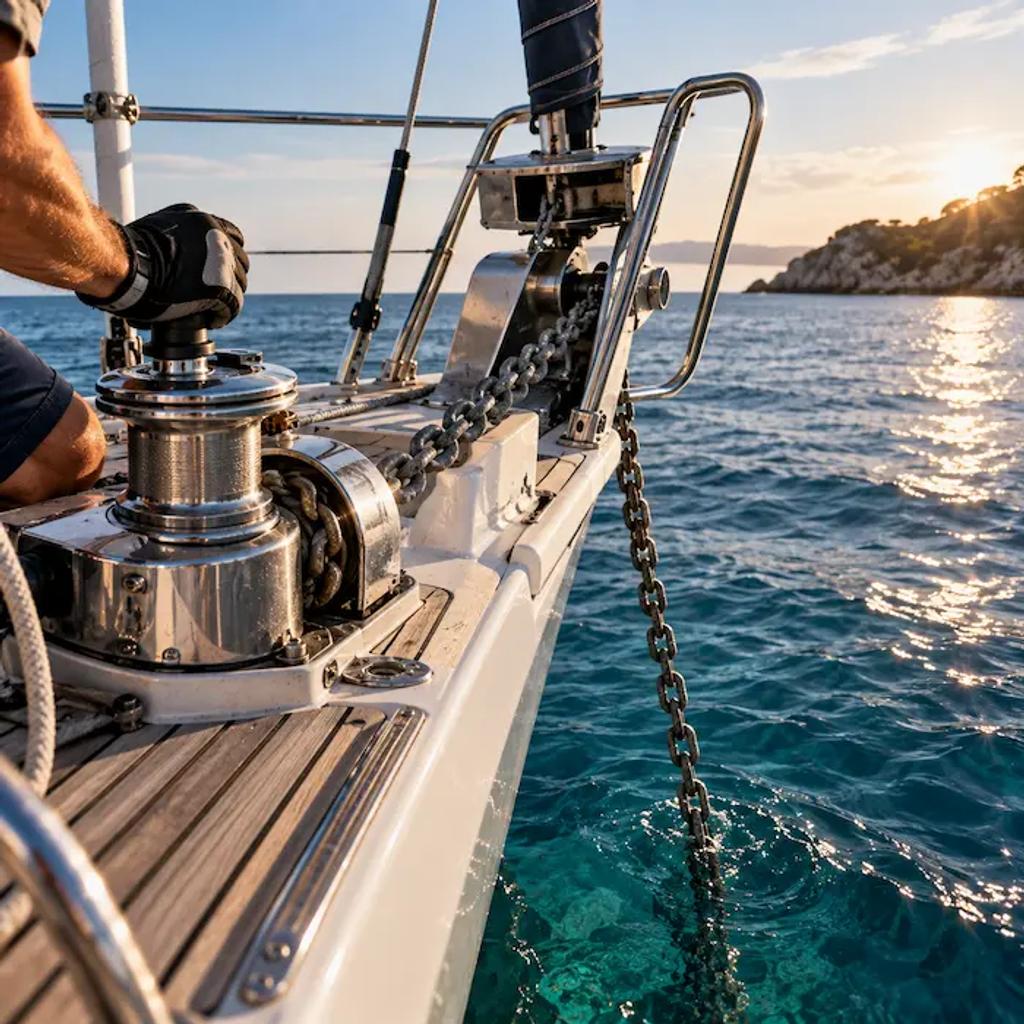 Anchor chain running over the bow roller as a crew member lays the rode