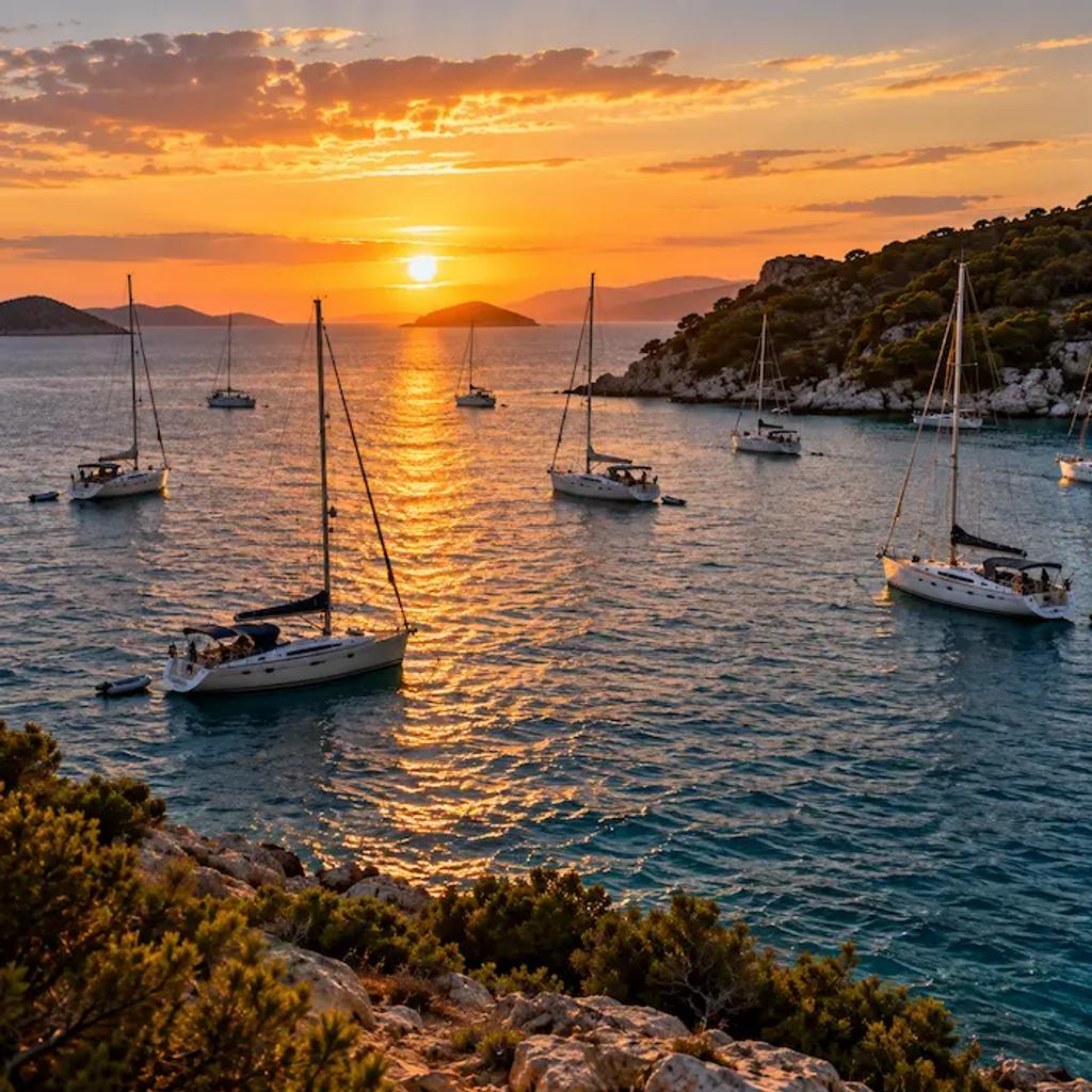 Crowded anchorage with several sailboats swinging on their anchors at sunset
