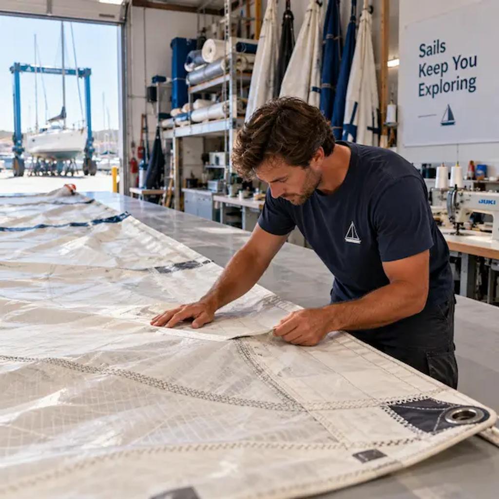 Sailmaker inspecting a sail for UV damage and worn stitching