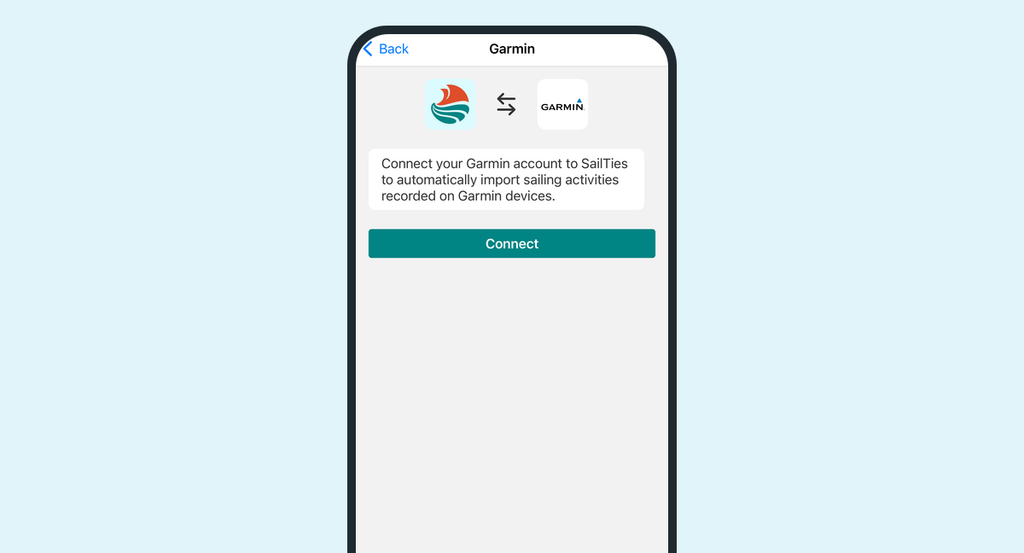 The Garmin connection screen in SailTies, with a description of the integration and a Connect button.