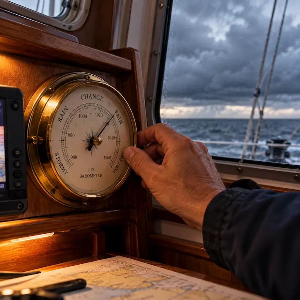 Sailor checking a boat barometer to track a falling pressure trend