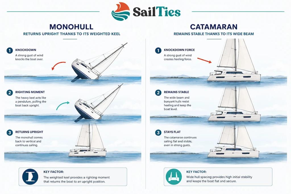 Diagram comparing a self-righting monohull keel to a stable, non-capsizing catamaran