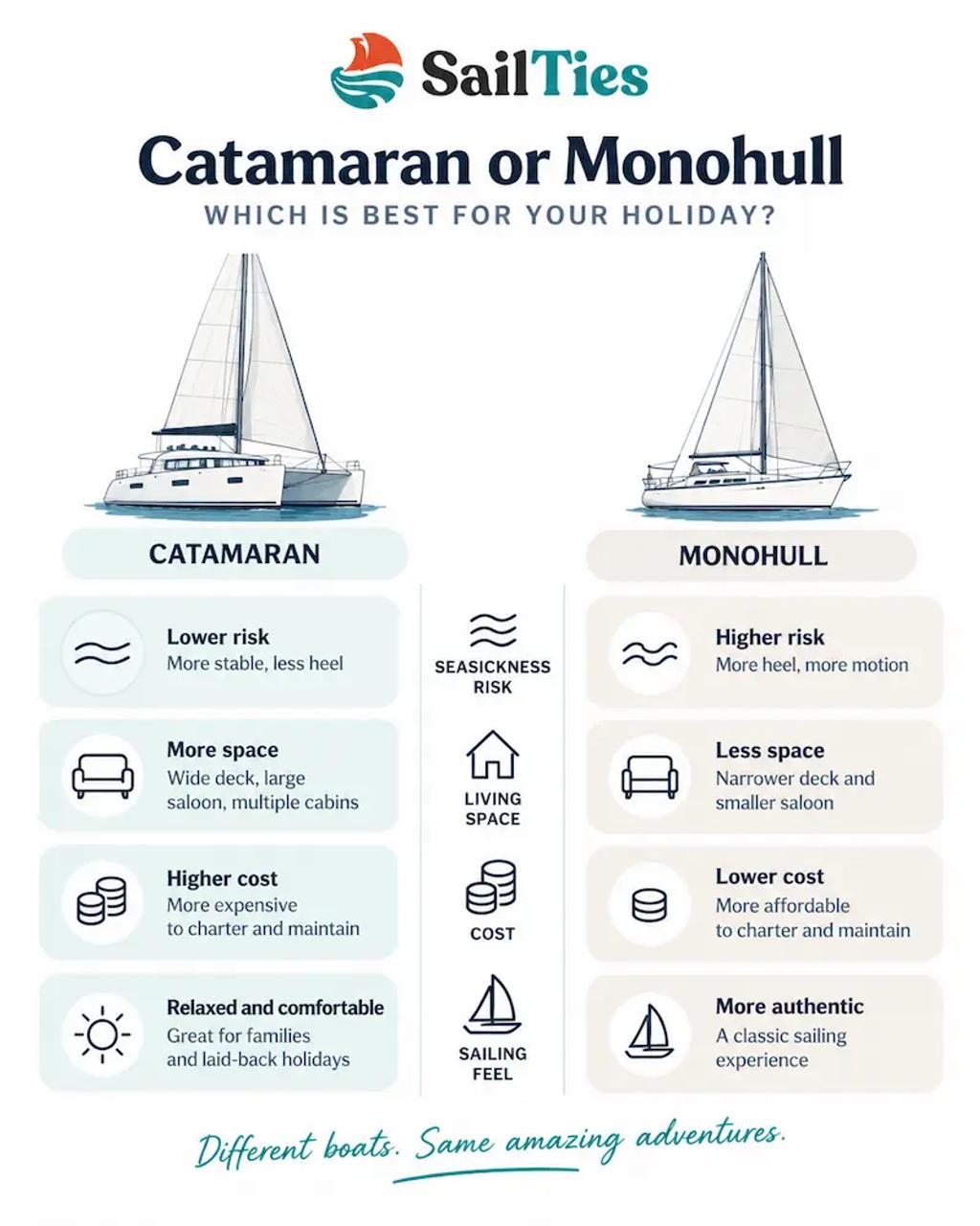 Icon comparison of catamaran and monohull for a sailing holiday