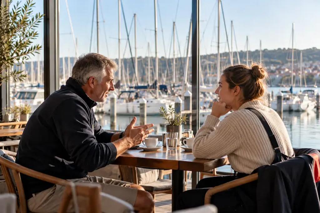 Beginner and skipper talking about an upcoming sailing trip at a marina cafe