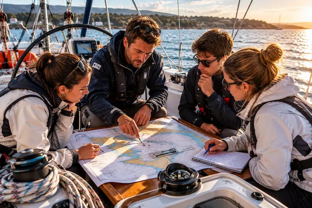 Small group sailing lesson with instructor reviewing charts on board, sailing school for beginners