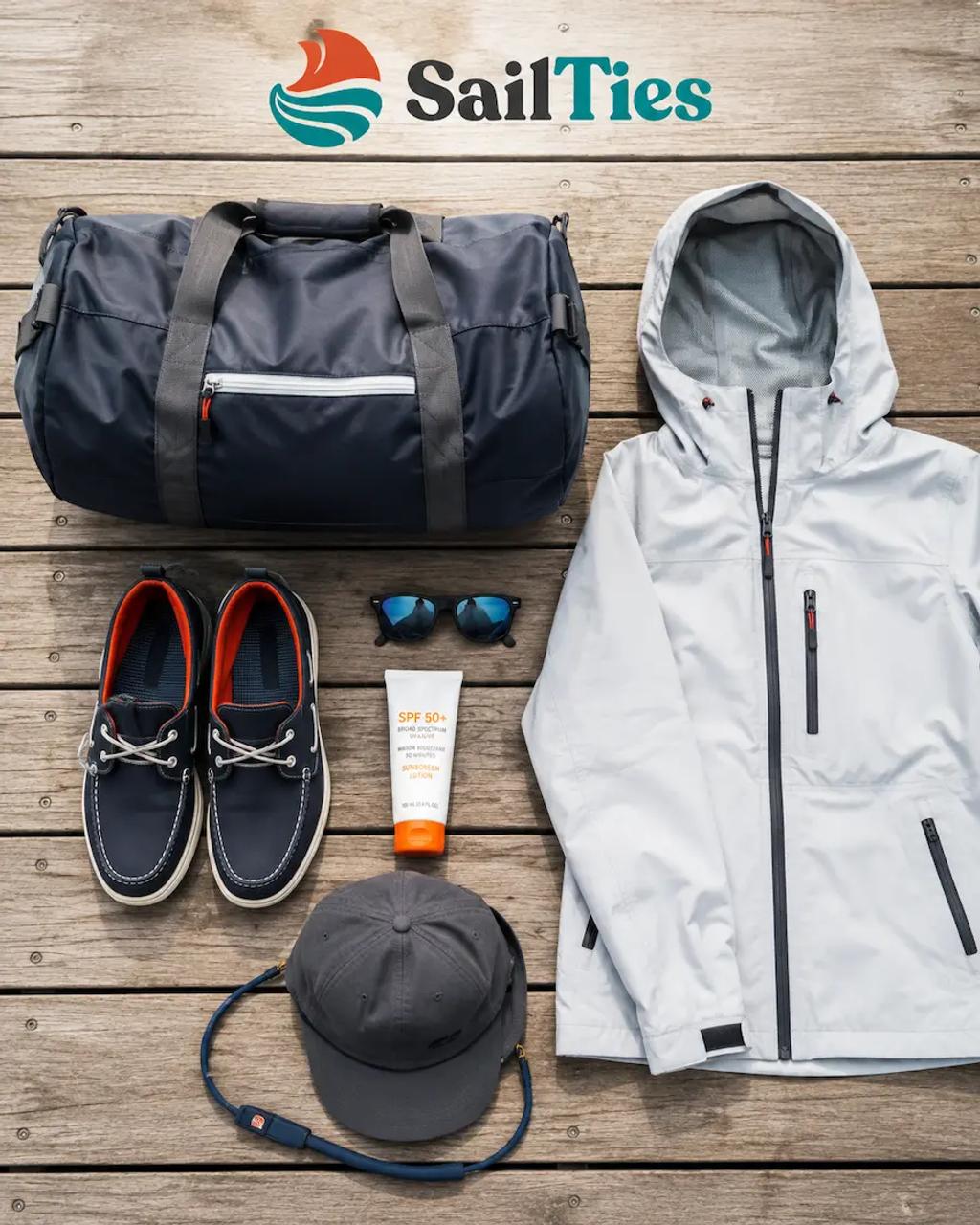 Flat lay of packing essentials for a first sailing trip including a soft bag and deck shoes